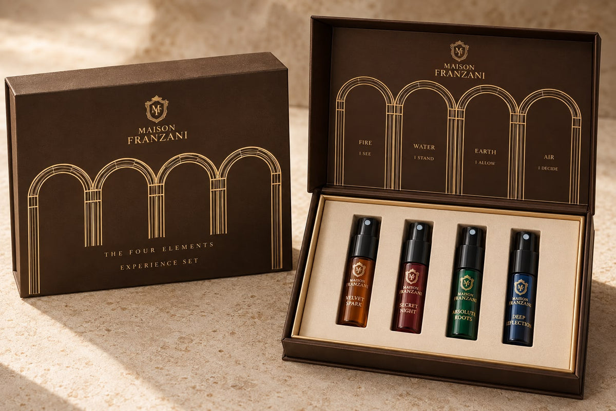 MAISON FRANZANI Four Elements Experience Set – geöffnete und geschlossene Box mit vier 2-ml-Duftproben